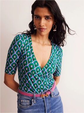 Boden Green & Purple Printed V-Neck Top US 6 UK 10